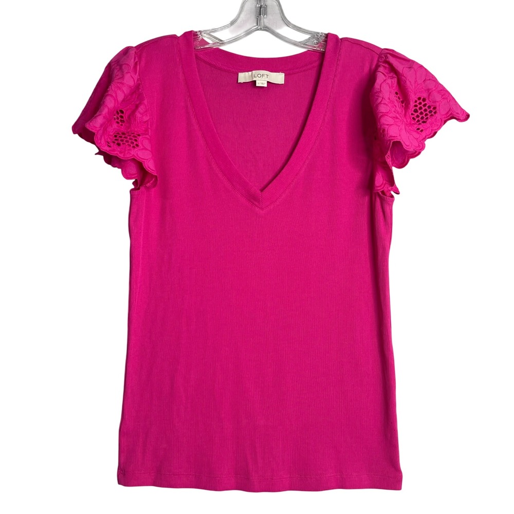 Loft Top Womens S Pink Ribbed Eyelet Ruffle Sleeve Fruit Strwberry Preppy